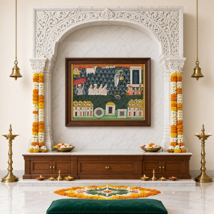 Immerse yourself in the divine narrative depicted in this exquisite Pichwai art, showcasing for Home Temple
