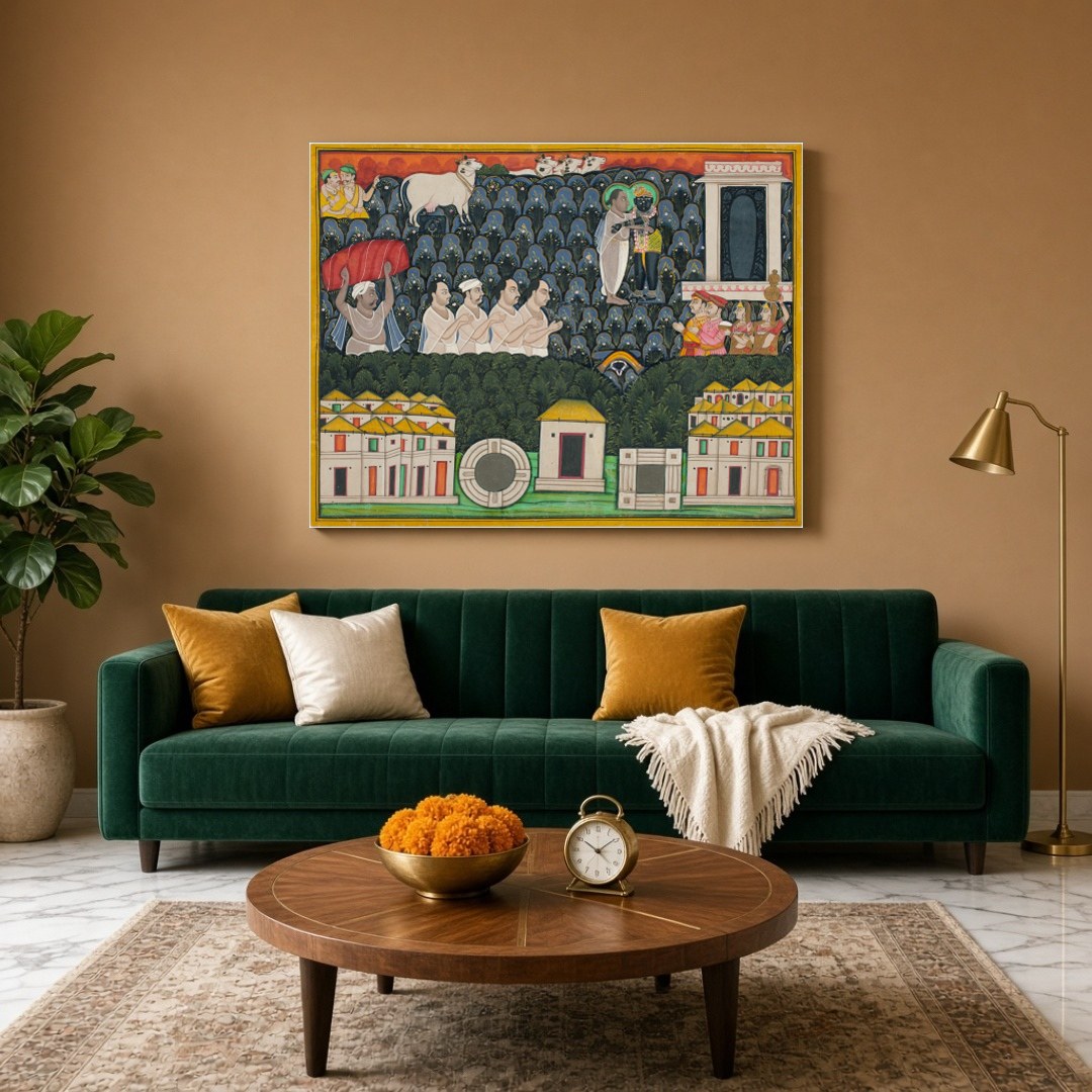 Immerse yourself in the divine narrative depicted in this exquisite Pichwai art, showcasing for Living Room