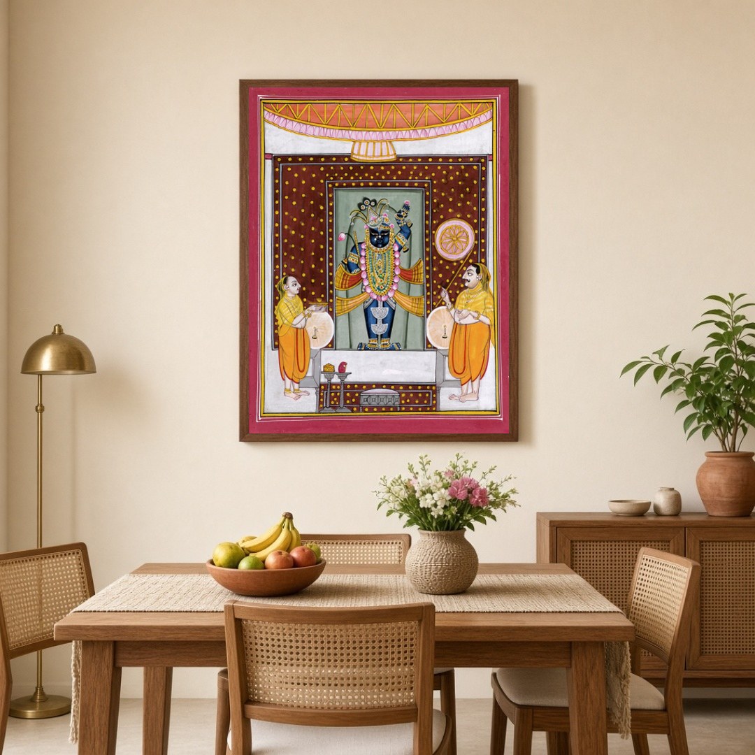 Immerse yourself in the vibrant world of Shrinathji with this captivating Pichwai artwork, for Dining