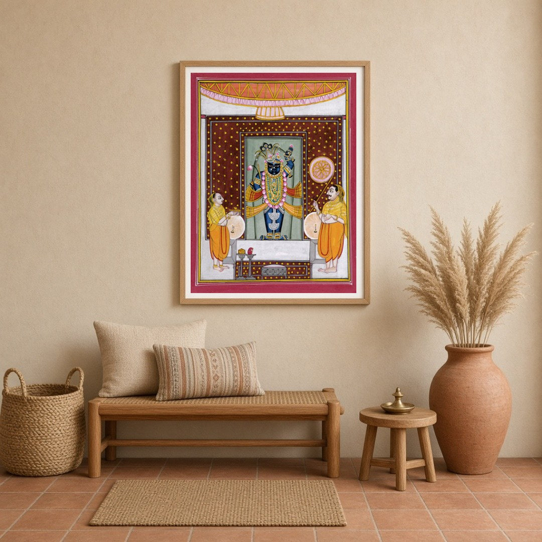 Immerse yourself in the vibrant world of Shrinathji with this captivating Pichwai artwork, for Entrance