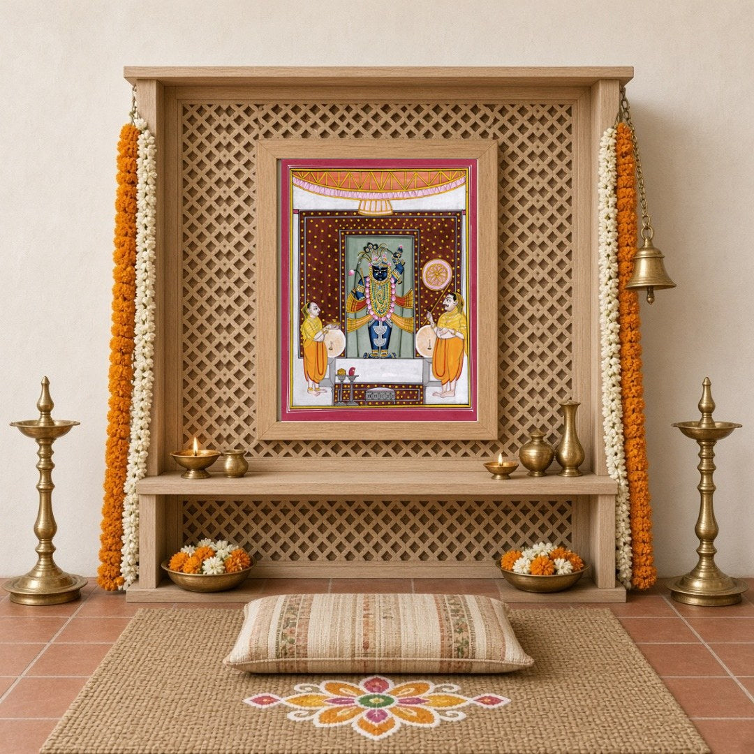 Immerse yourself in the vibrant world of Shrinathji with this captivating Pichwai artwork, for Home Temple