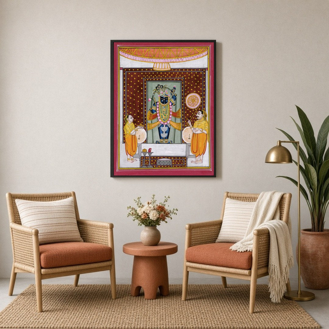 Immerse yourself in the vibrant world of Shrinathji with this captivating Pichwai artwork, for Sitting Lounge