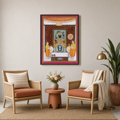 Immerse yourself in the vibrant world of Shrinathji with this captivating Pichwai artwork, for Sitting Lounge
