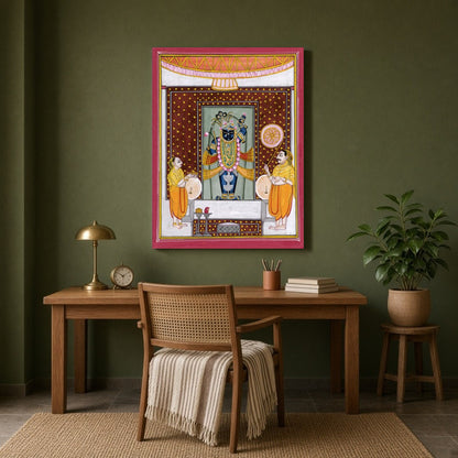 Immerse yourself in the vibrant world of Shrinathji with this captivating Pichwai artwork, for Study