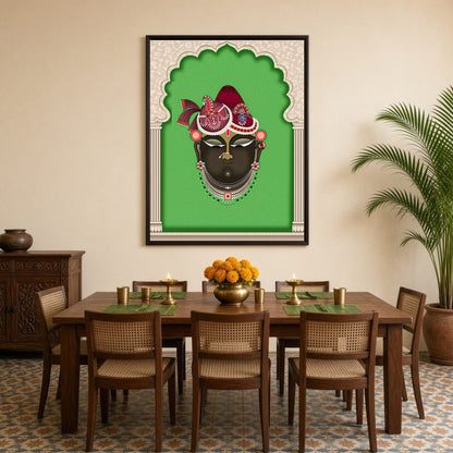 Experience divine grace with this exquisite Pichwai artwork portraying Shrinathji against a vibrant for Dining