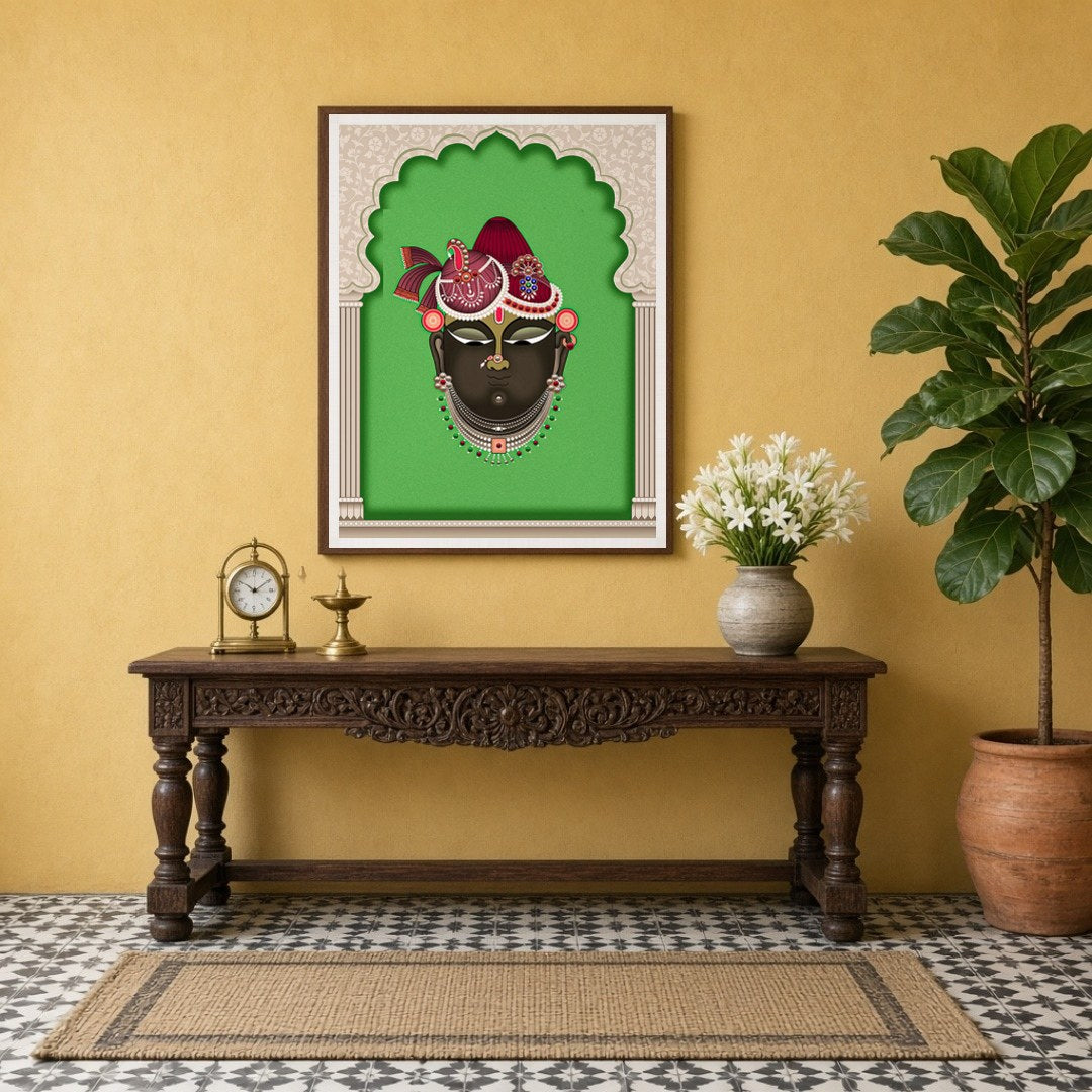 Experience divine grace with this exquisite Pichwai artwork portraying Shrinathji against a vibrant for Entrance