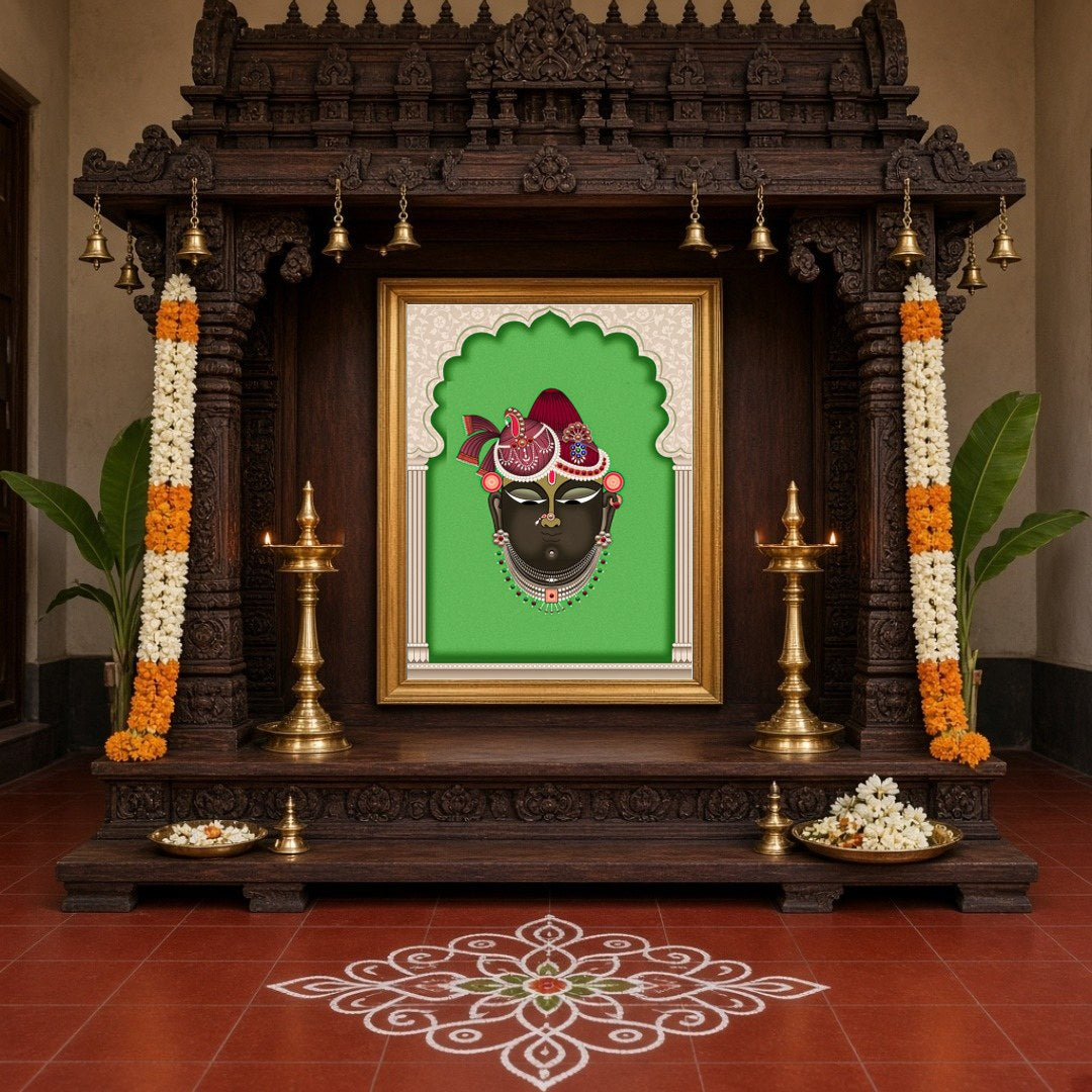 Experience divine grace with this exquisite Pichwai artwork portraying Shrinathji against a vibrant for Home Temple