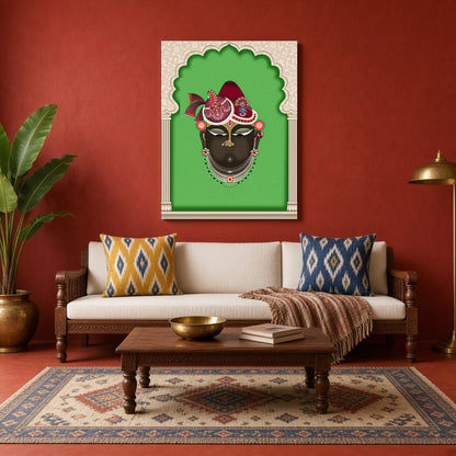 Experience divine grace with this exquisite Pichwai artwork portraying Shrinathji against a vibrant for Living Room