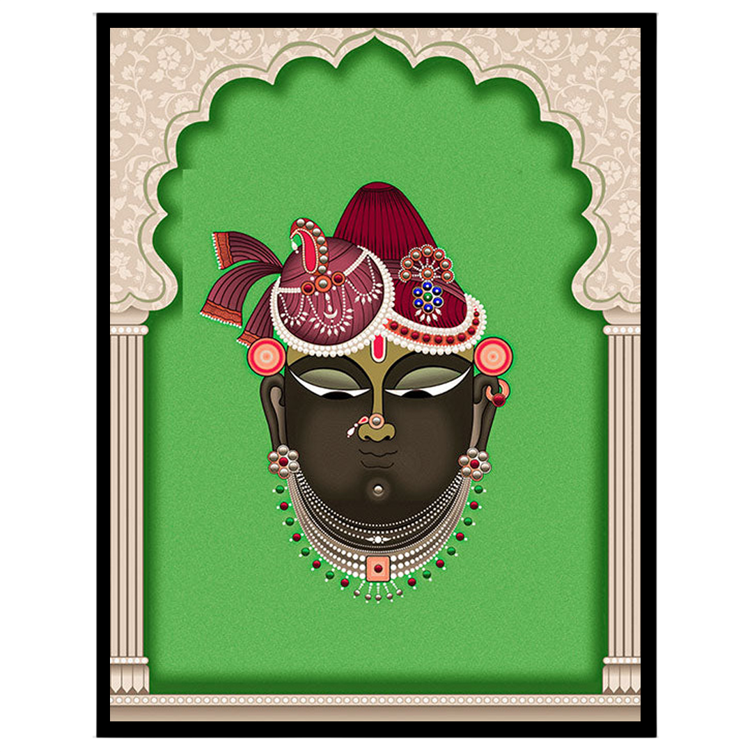 Experience divine grace with this exquisite Pichwai artwork portraying Shrinathji against a vibrant for place