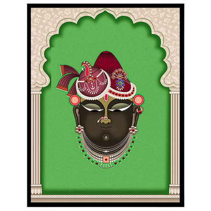 Experience divine grace with this exquisite Pichwai artwork portraying Shrinathji against a vibrant for place