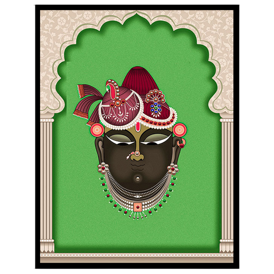 Experience divine grace with this exquisite Pichwai artwork portraying Shrinathji against a vibrant for place