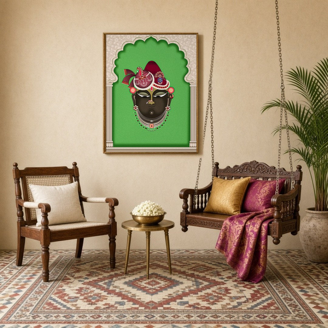 Experience divine grace with this exquisite Pichwai artwork portraying Shrinathji against a vibrant for Sitting Lounge