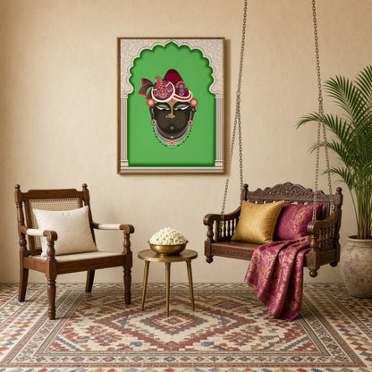 Experience divine grace with this exquisite Pichwai artwork portraying Shrinathji against a vibrant for Sitting Lounge