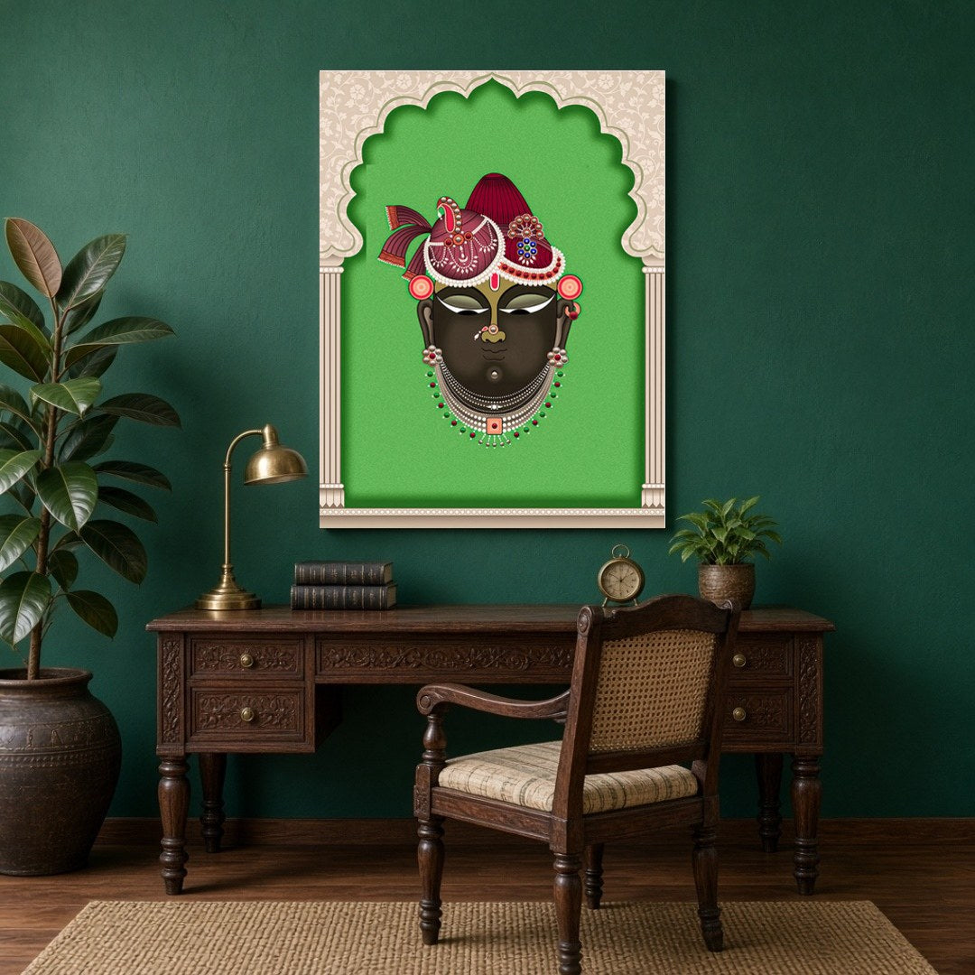 Experience divine grace with this exquisite Pichwai artwork portraying Shrinathji against a vibrant for Study