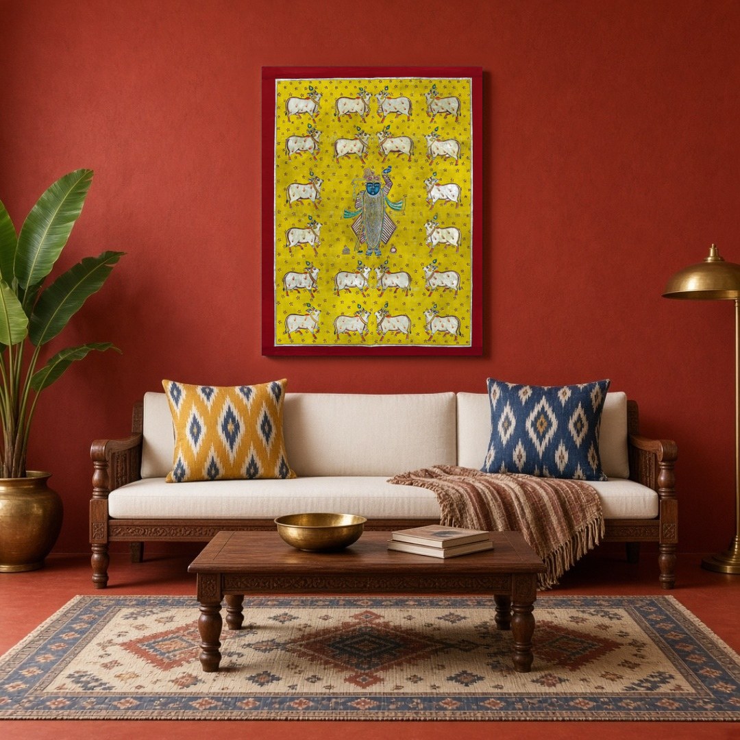 Immerse yourself in the divine beauty of 'Shrinathji's Radiant Blessing' featuring an enchanting for Living Room