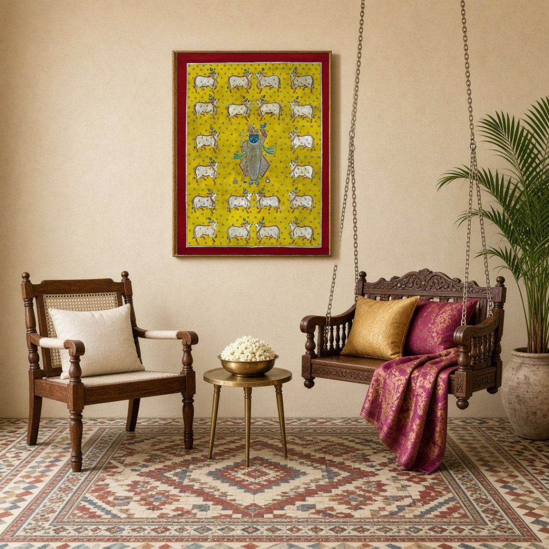 Immerse yourself in the divine beauty of 'Shrinathji's Radiant Blessing' featuring an enchanting for Sitting Lounge