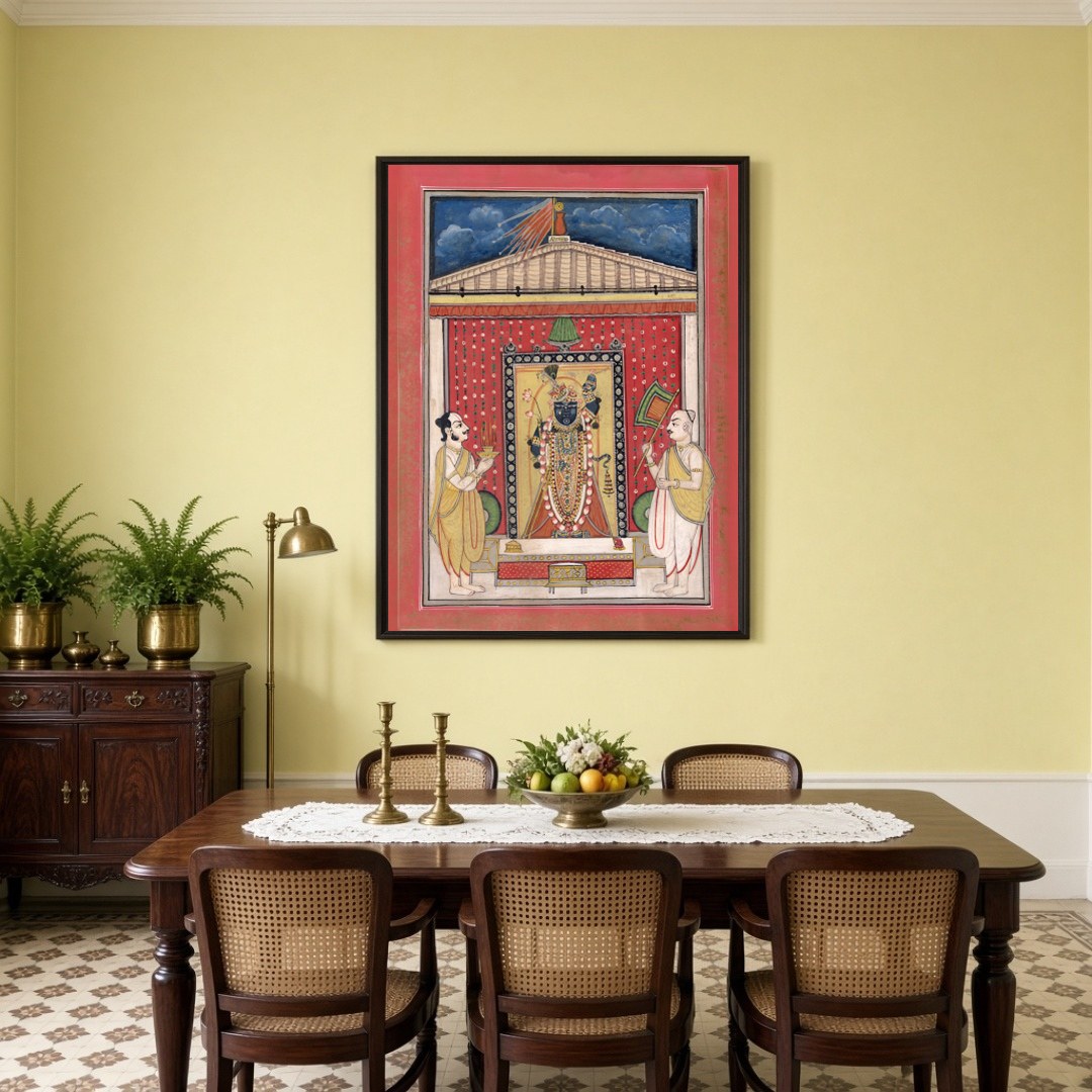 Immerse yourself in the divine aura of Shrinathji with this exquisite Pichwai artwork. Displaying for Dining