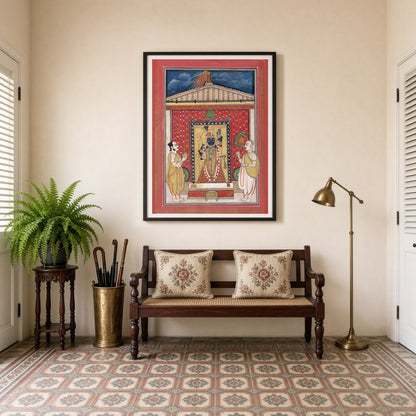 Immerse yourself in the divine aura of Shrinathji with this exquisite Pichwai artwork. Displaying for Entrance