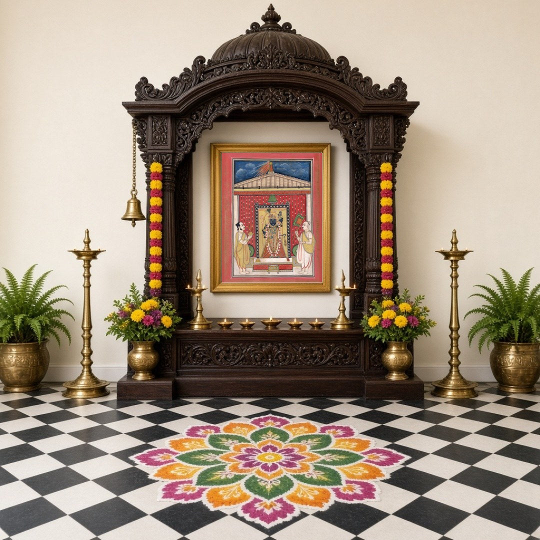 Immerse yourself in the divine aura of Shrinathji with this exquisite Pichwai artwork. Displaying for Home Temple