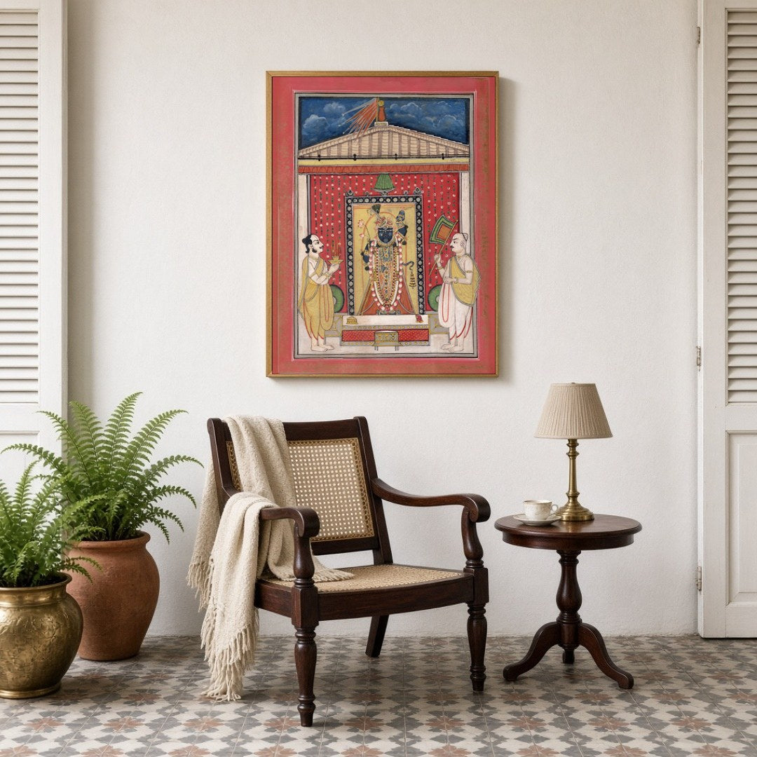 Immerse yourself in the divine aura of Shrinathji with this exquisite Pichwai artwork. Displaying for Sitting Lounge