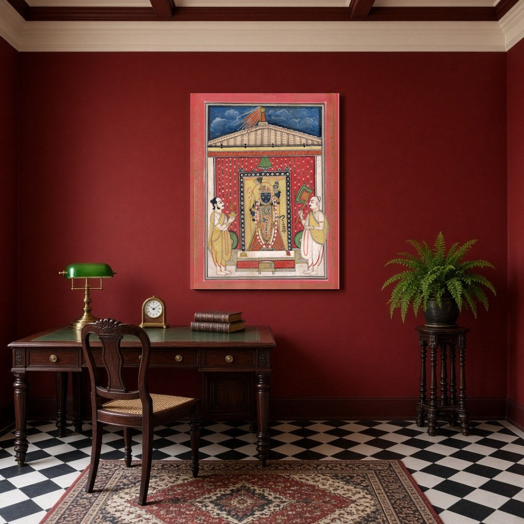 Immerse yourself in the divine aura of Shrinathji with this exquisite Pichwai artwork. Displaying for Study