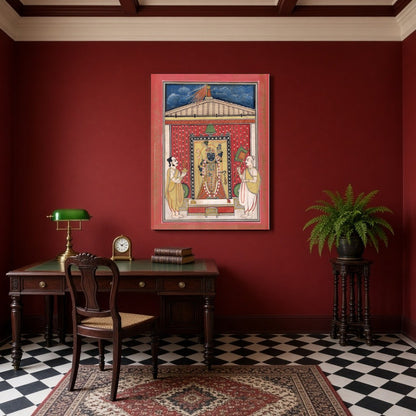 Immerse yourself in the divine aura of Shrinathji with this exquisite Pichwai artwork. Displaying for Study