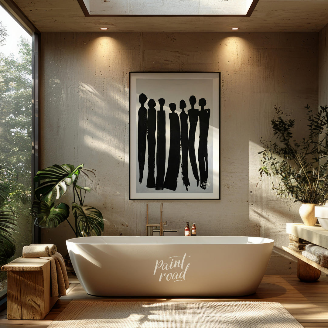 """Silent Assembly"" presents a minimalist composition of silhouetted figures rendered in bold blac… for bathroom