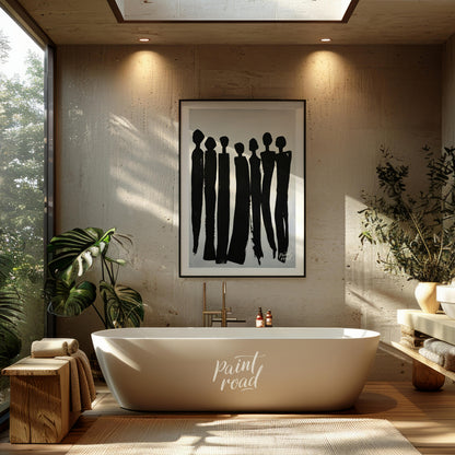 """Silent Assembly"" presents a minimalist composition of silhouetted figures rendered in bold blac… for bathroom