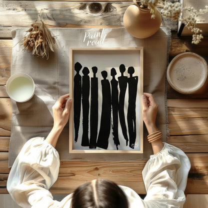 """Silent Assembly"" presents a minimalist composition of silhouetted figures rendered in bold blac… for dining room
