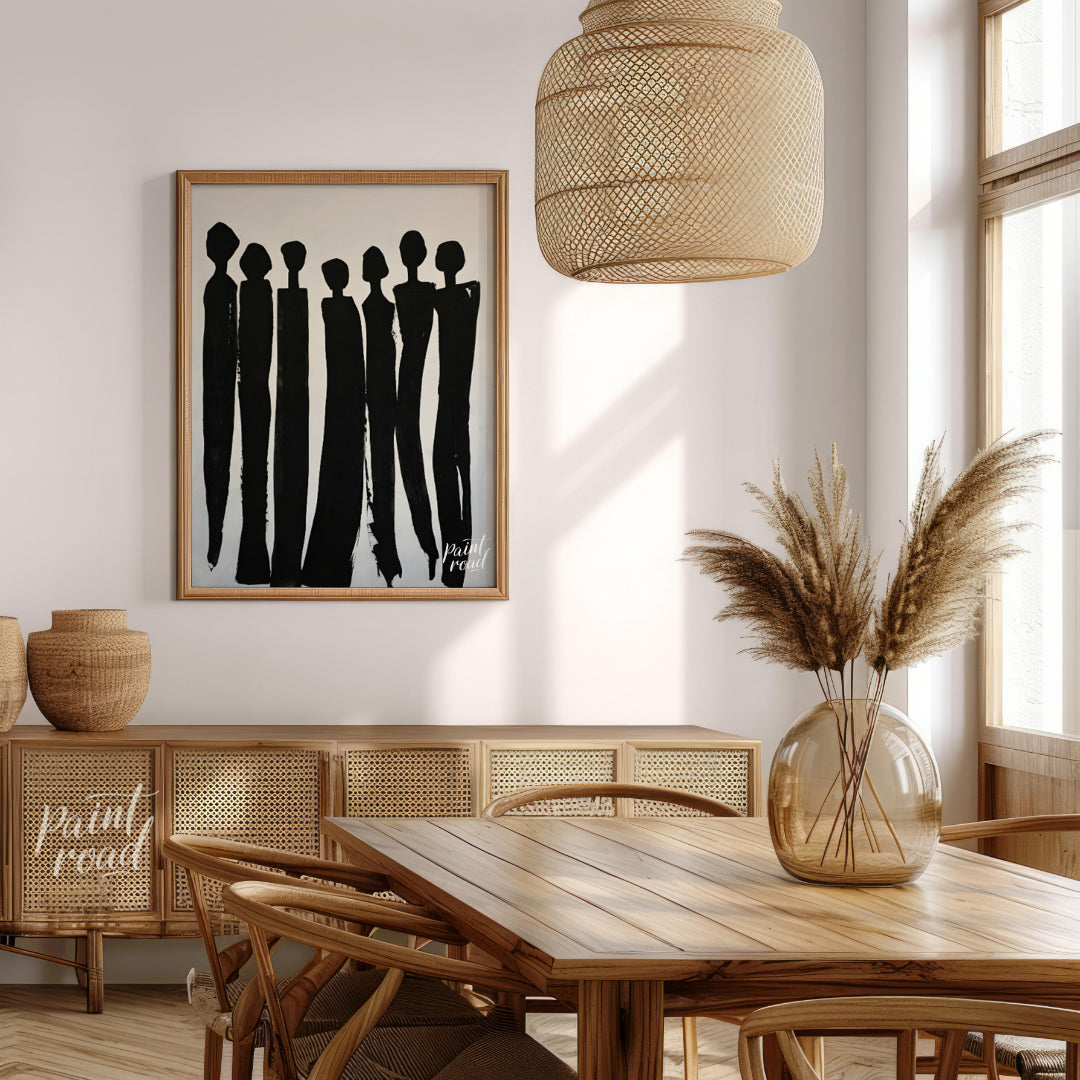 """Silent Assembly"" presents a minimalist composition of silhouetted figures rendered in bold blac… for dining room