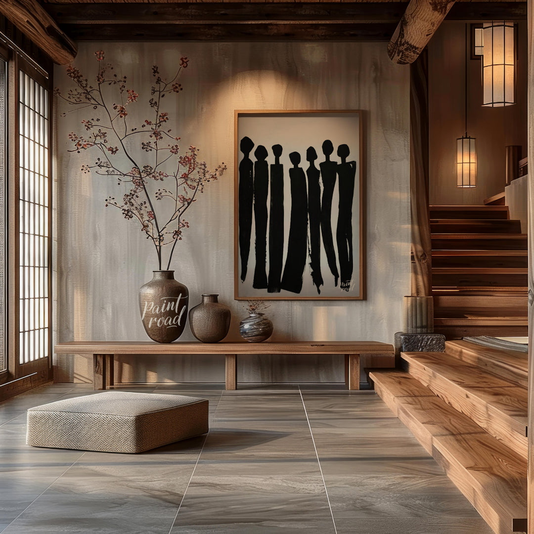 """Silent Assembly"" presents a minimalist composition of silhouetted figures rendered in bold blac… for entryway