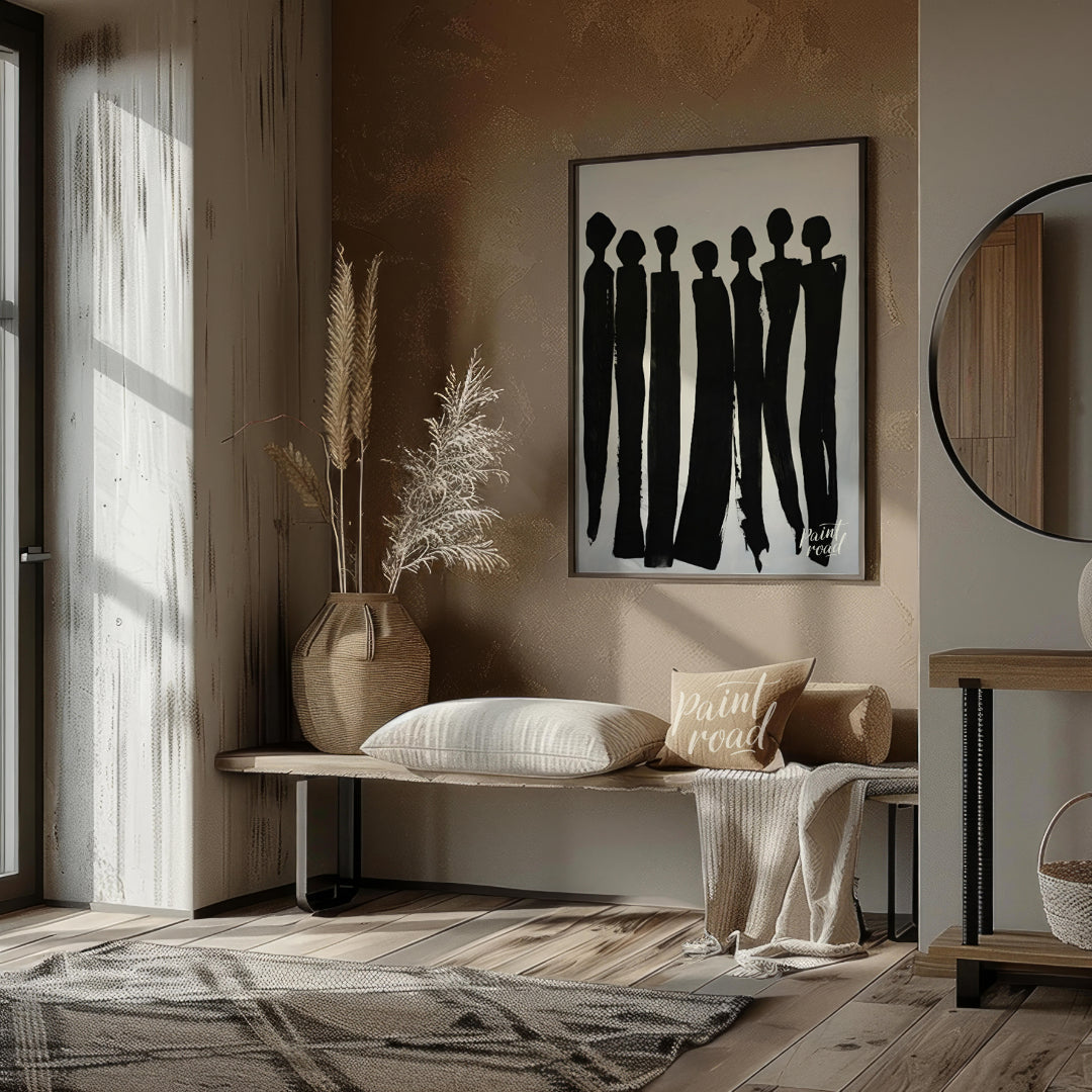 """Silent Assembly"" presents a minimalist composition of silhouetted figures rendered in bold blac… for entryway