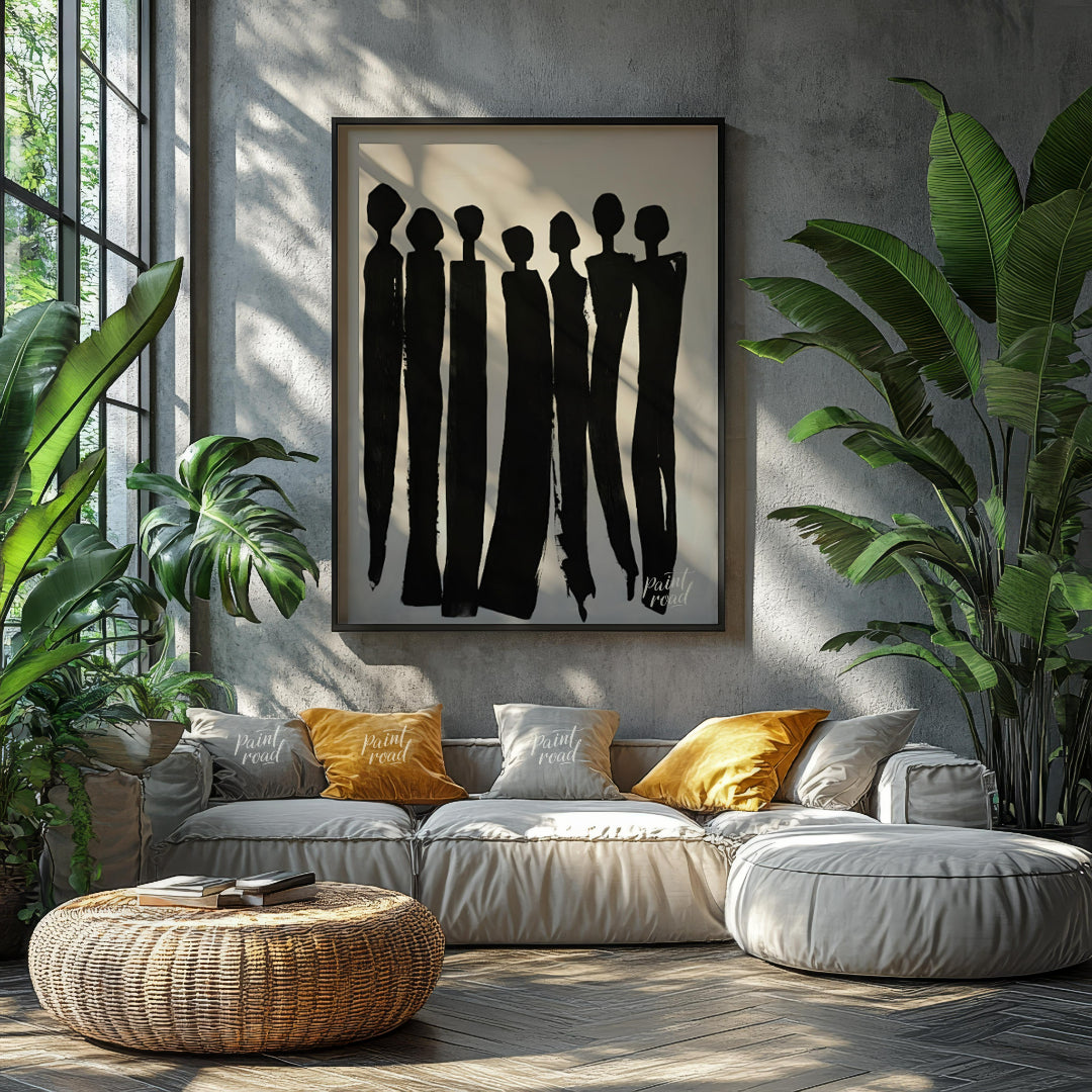 """Silent Assembly"" presents a minimalist composition of silhouetted figures rendered in bold blac… for living room