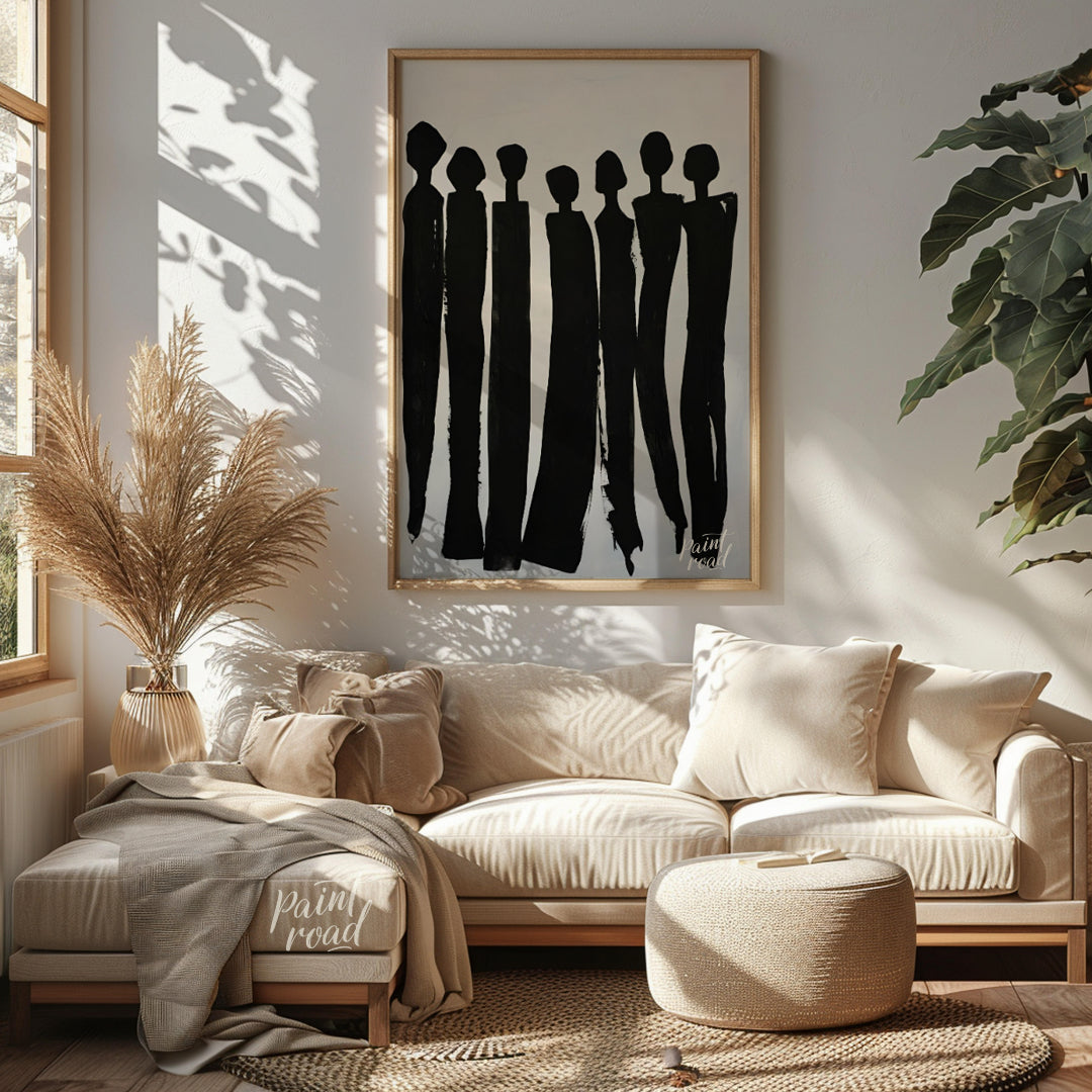 """Silent Assembly"" presents a minimalist composition of silhouetted figures rendered in bold blac… for living room
