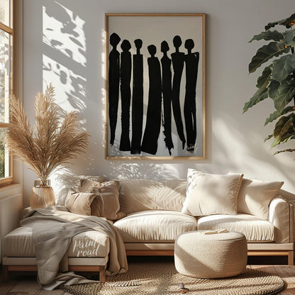 """Silent Assembly"" presents a minimalist composition of silhouetted figures rendered in bold blac… for living room
