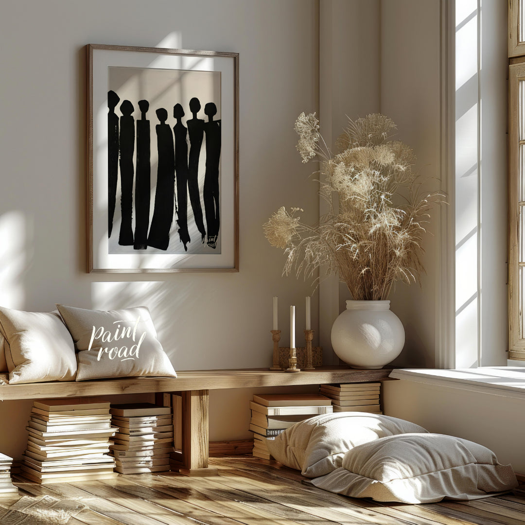 """Silent Assembly"" presents a minimalist composition of silhouetted figures rendered in bold blac… for living room