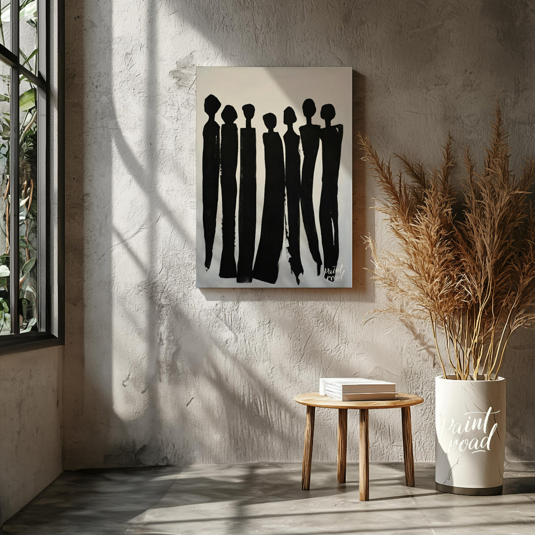 """Silent Assembly"" presents a minimalist composition of silhouetted figures rendered in bold blac… for other