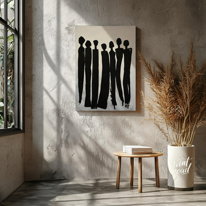 """Silent Assembly"" presents a minimalist composition of silhouetted figures rendered in bold blac… for other