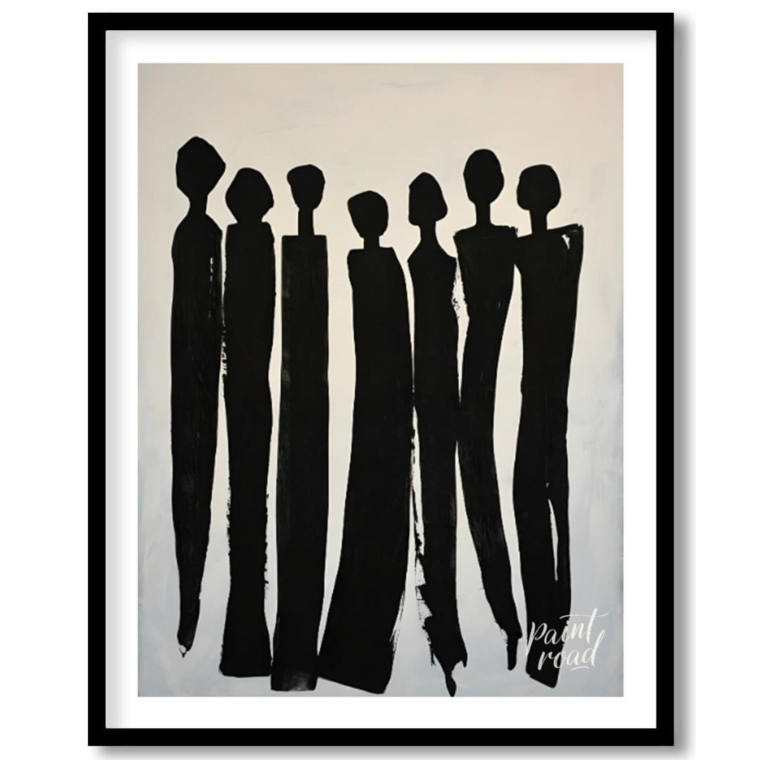 """Silent Assembly"" presents a minimalist composition of silhouetted figures rendered in bold blac… for room