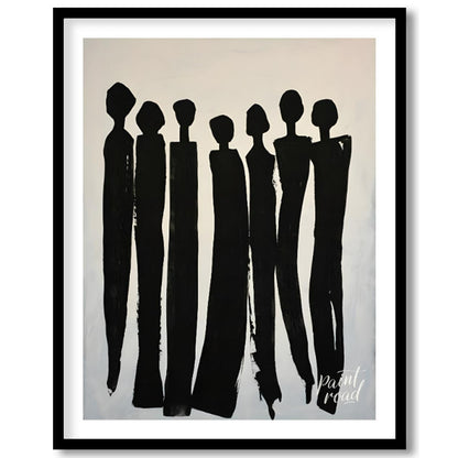 """Silent Assembly"" presents a minimalist composition of silhouetted figures rendered in bold blac… for room