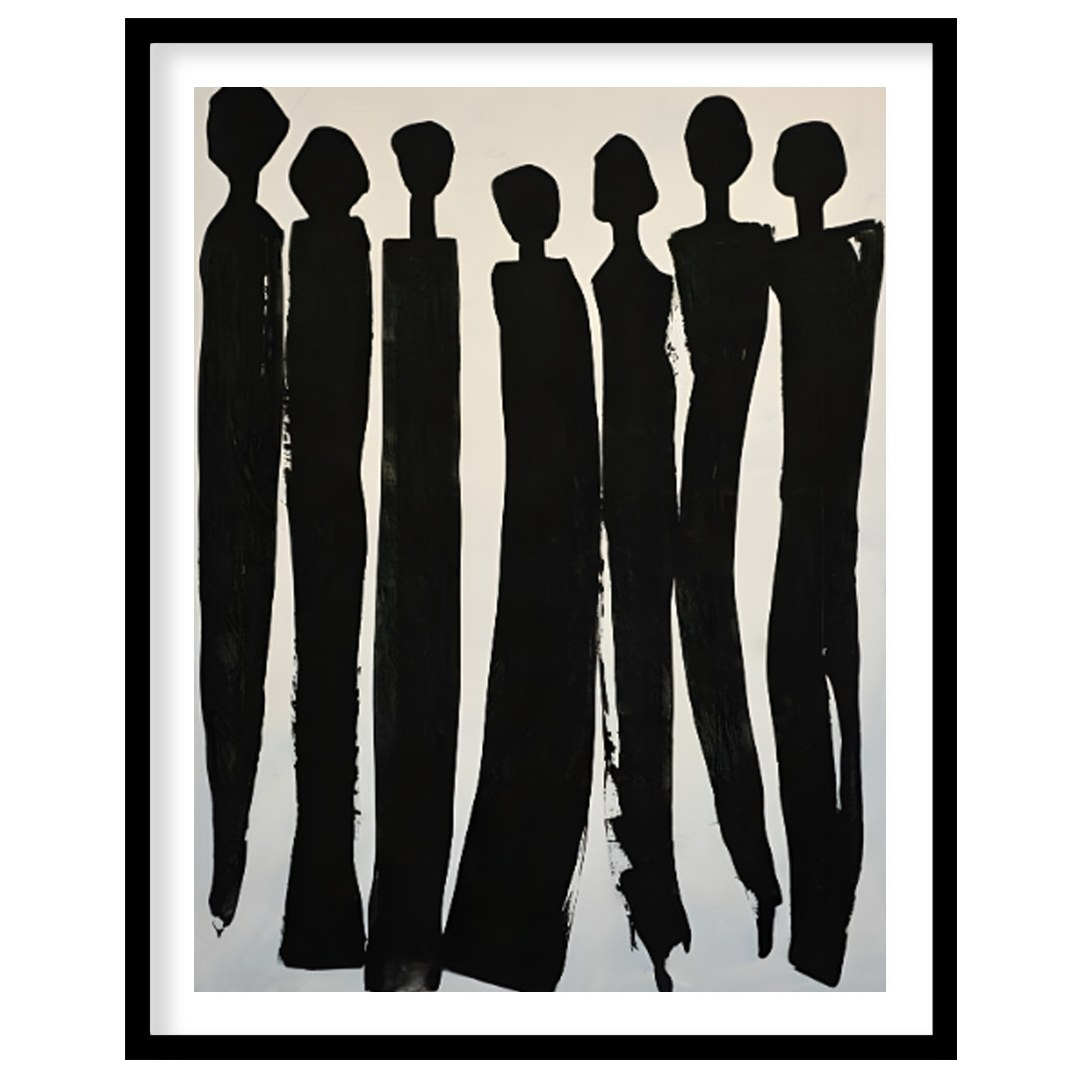 """Silent Assembly"" presents a minimalist composition of silhouetted figures rendered in bold blac… for room