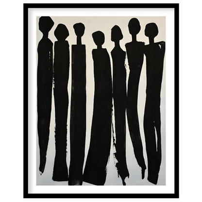 """Silent Assembly"" presents a minimalist composition of silhouetted figures rendered in bold blac… for room
