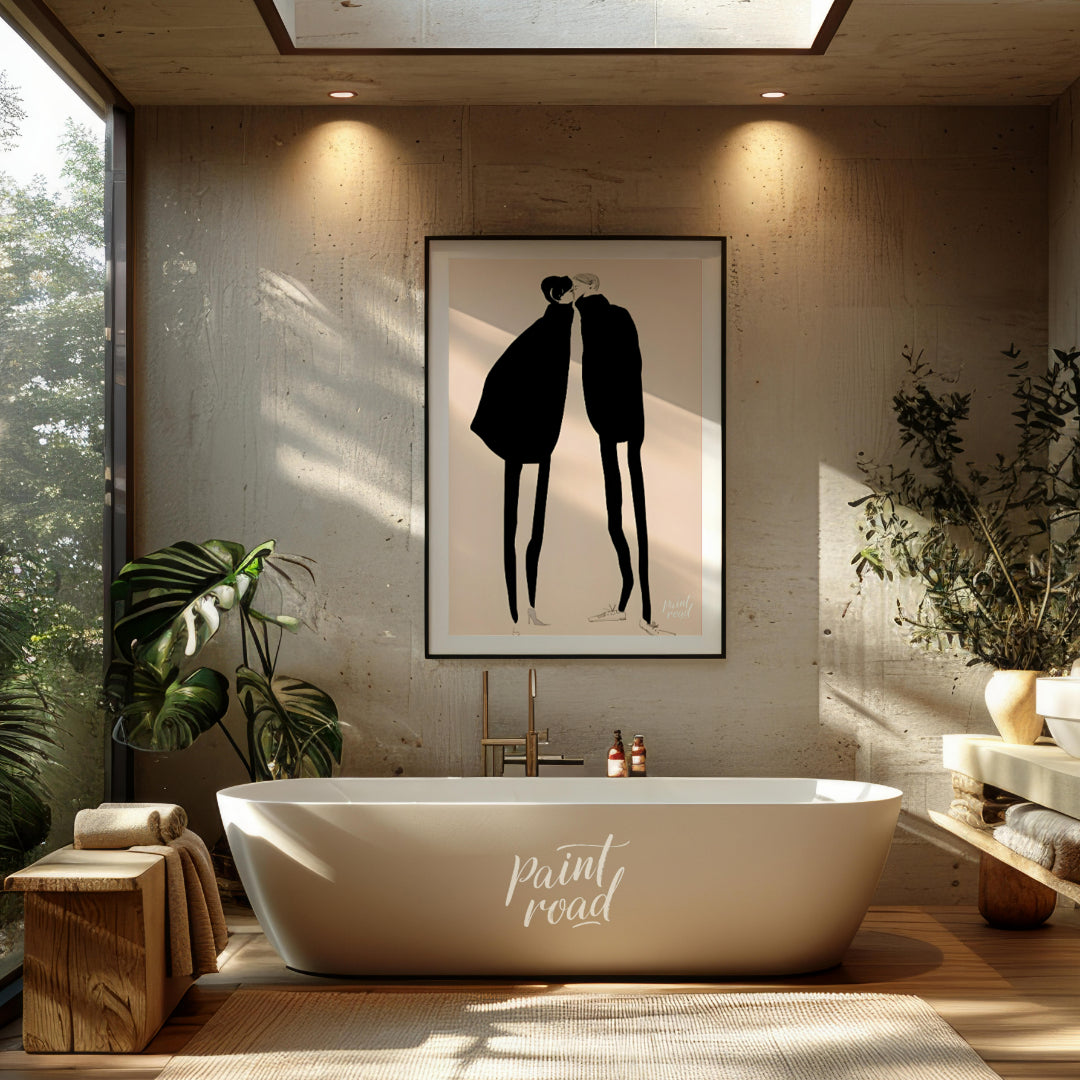 """Silent Encounter"" presents a minimalist illustration of two figures in close proximity, rendere… for bathroom