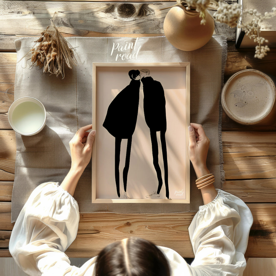 """Silent Encounter"" presents a minimalist illustration of two figures in close proximity, rendere… for dining room