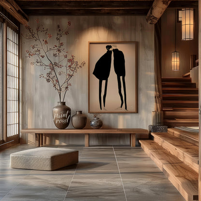 """Silent Encounter"" presents a minimalist illustration of two figures in close proximity, rendere… for entryway