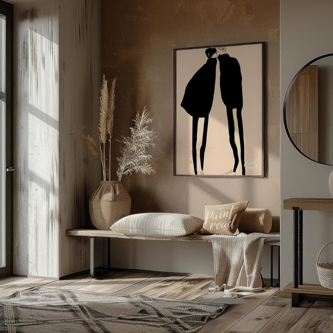 """Silent Encounter"" presents a minimalist illustration of two figures in close proximity, rendere… for entryway