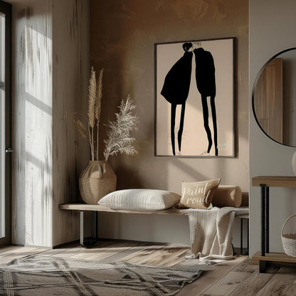 """Silent Encounter"" presents a minimalist illustration of two figures in close proximity, rendere… for entryway