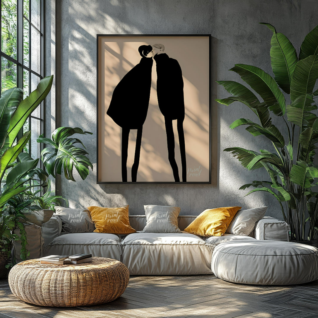 """Silent Encounter"" presents a minimalist illustration of two figures in close proximity, rendere… for living room