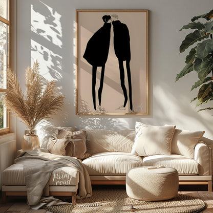 """Silent Encounter"" presents a minimalist illustration of two figures in close proximity, rendere… for living room
