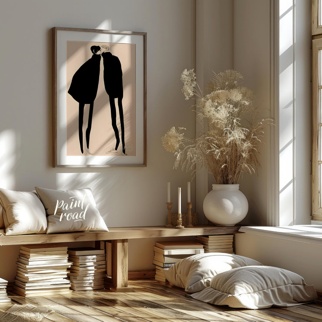 """Silent Encounter"" presents a minimalist illustration of two figures in close proximity, rendere… for living room
